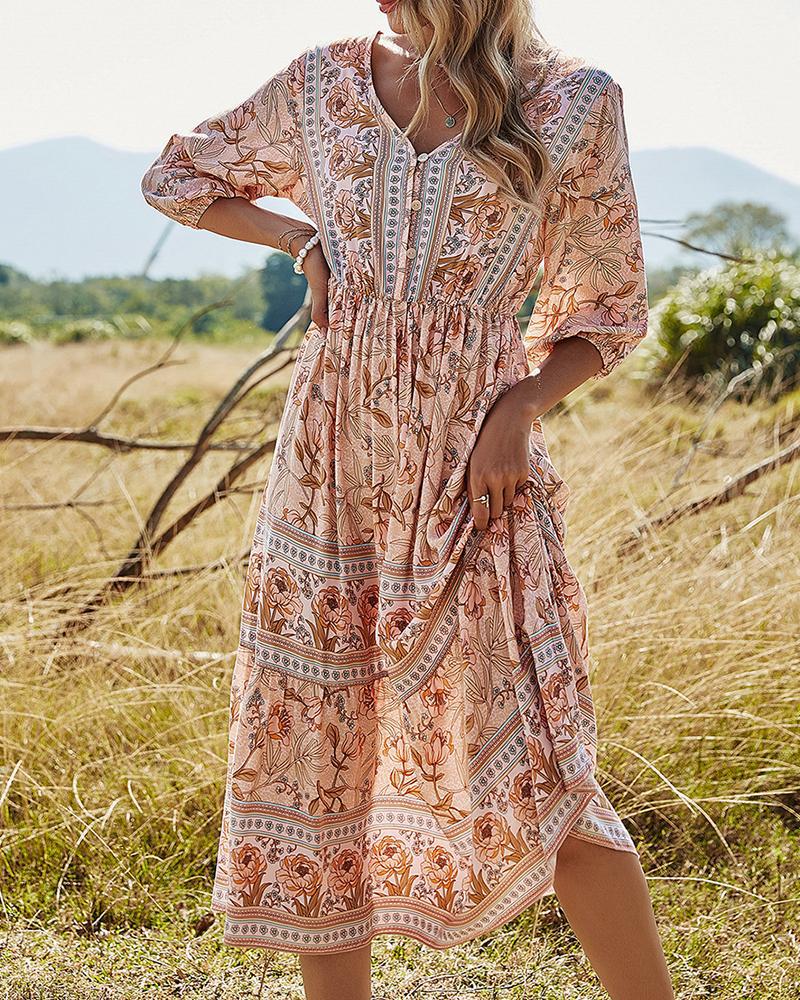 

Floral Print Button Front Half Sleeve Maxi Dress, Pink