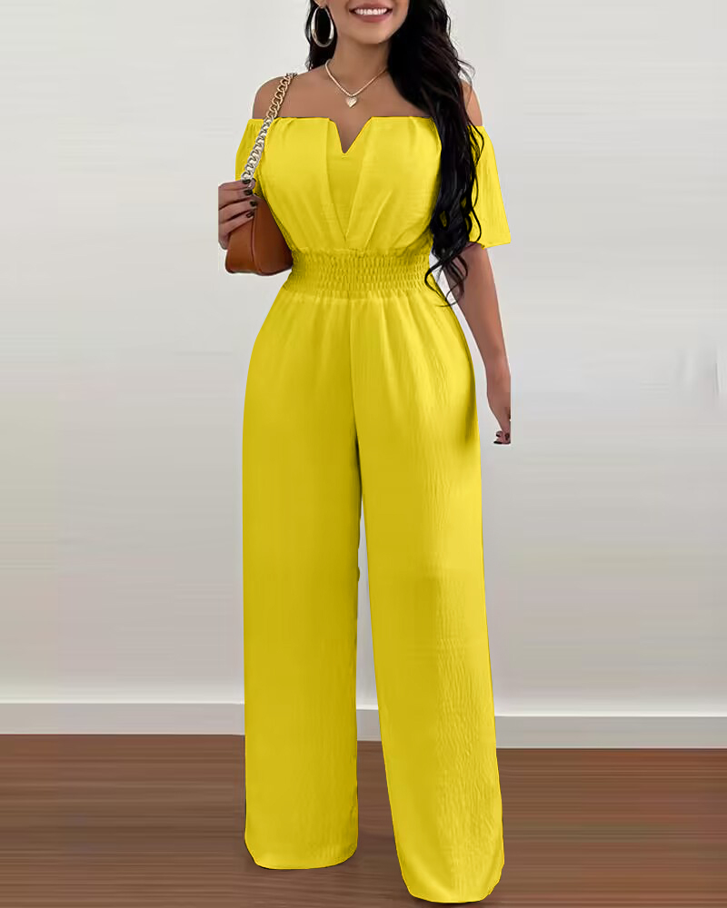 

Off Shoulder Shirred Waist Jumpsuit, Yellow