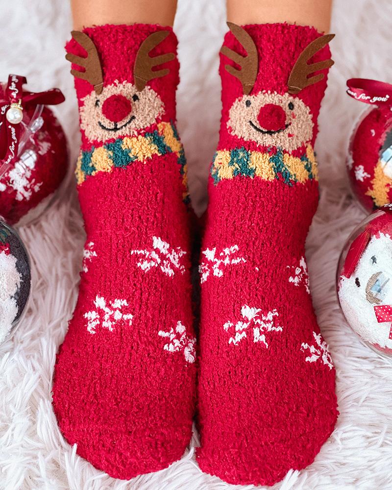 

1Pair Christmas Snowflake Elk Snowman Pattern Fuzzy Thermal Socks, Style2