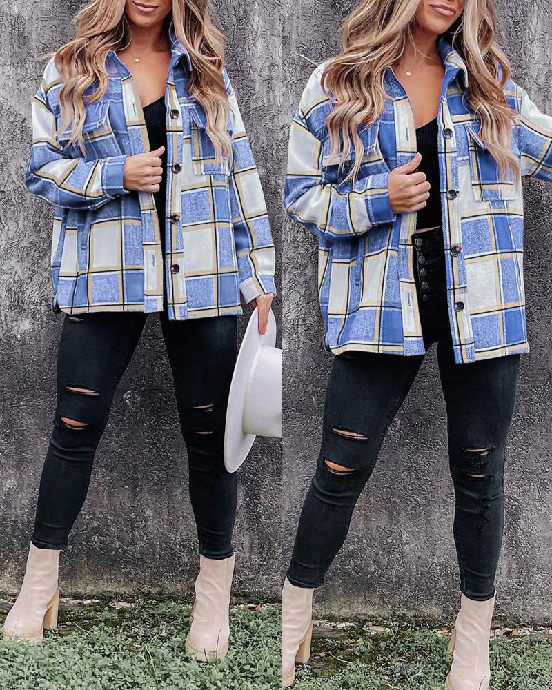 

Plaid Print Long Sleeve Button Down Shacket, Blue