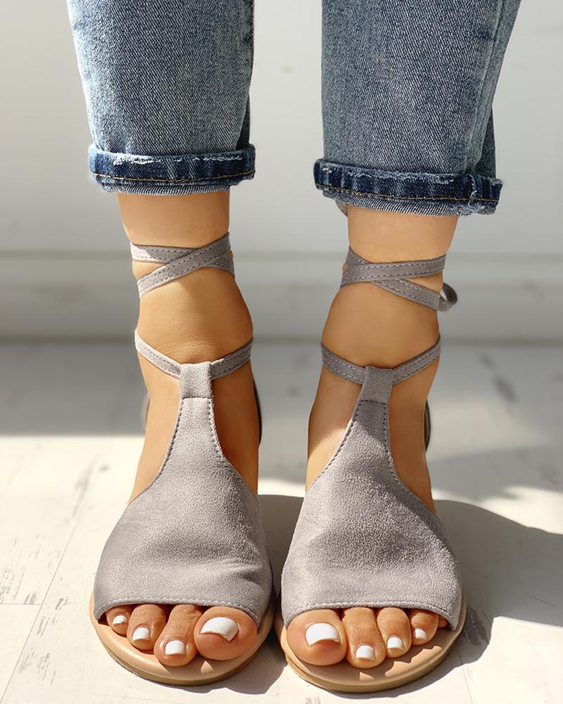 

Suede Ankle Strap Crisscross Flat Sandals, Gray