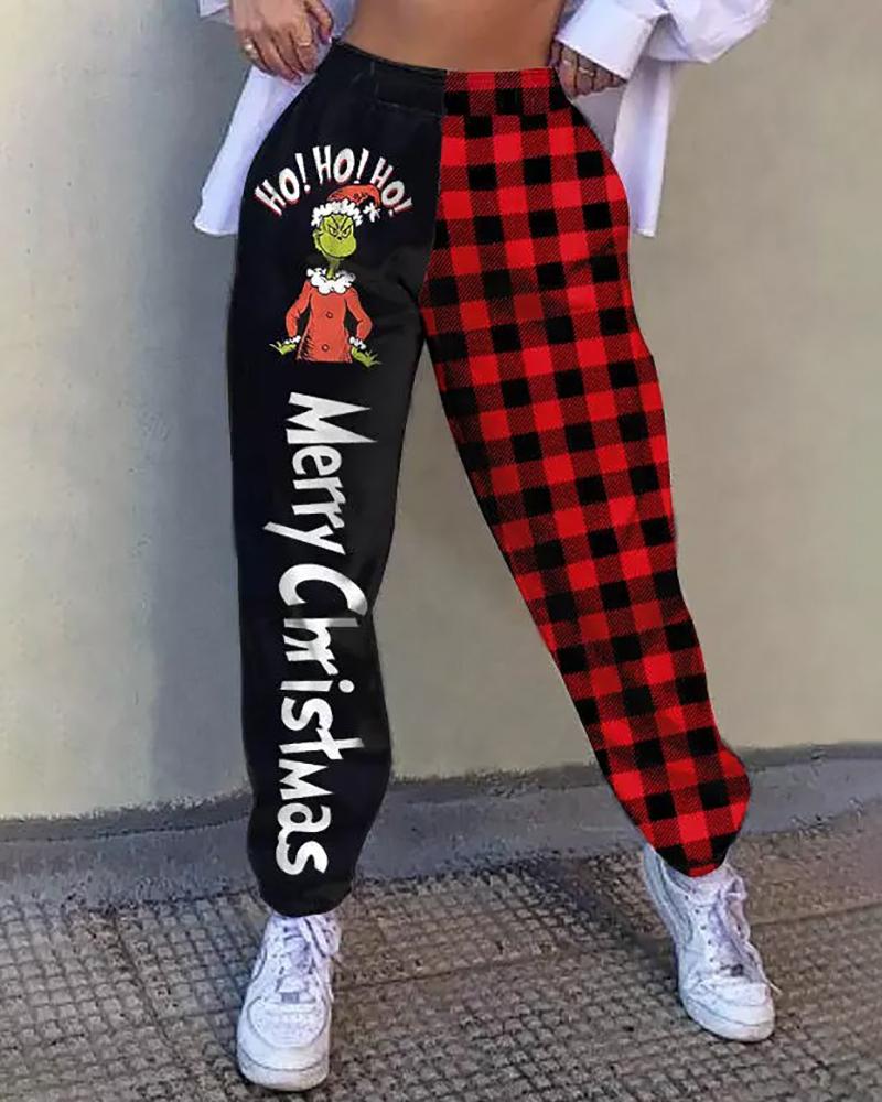 

Christmas High Waist Grinches Letter Plaid Print Pants, Red