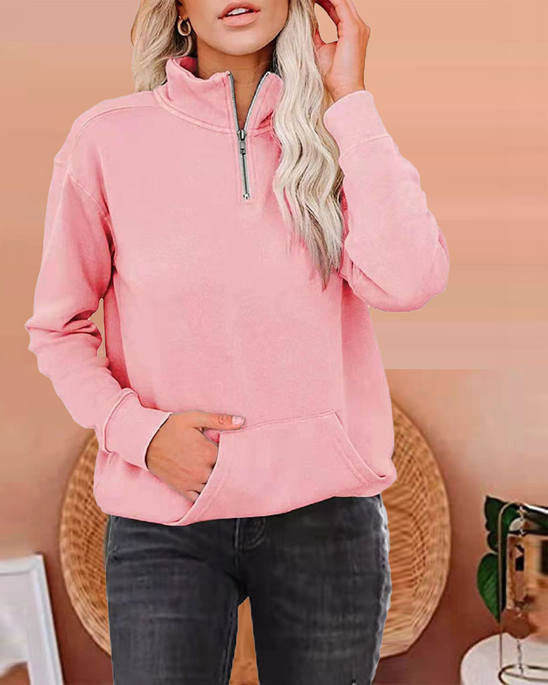 

Long Sleeve Pocket Zipper Front Sweatshirt, Pink