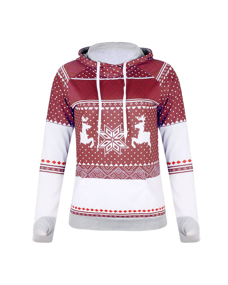 

Christmas Snowflake Elk Print Drawstring Hoodie, Red