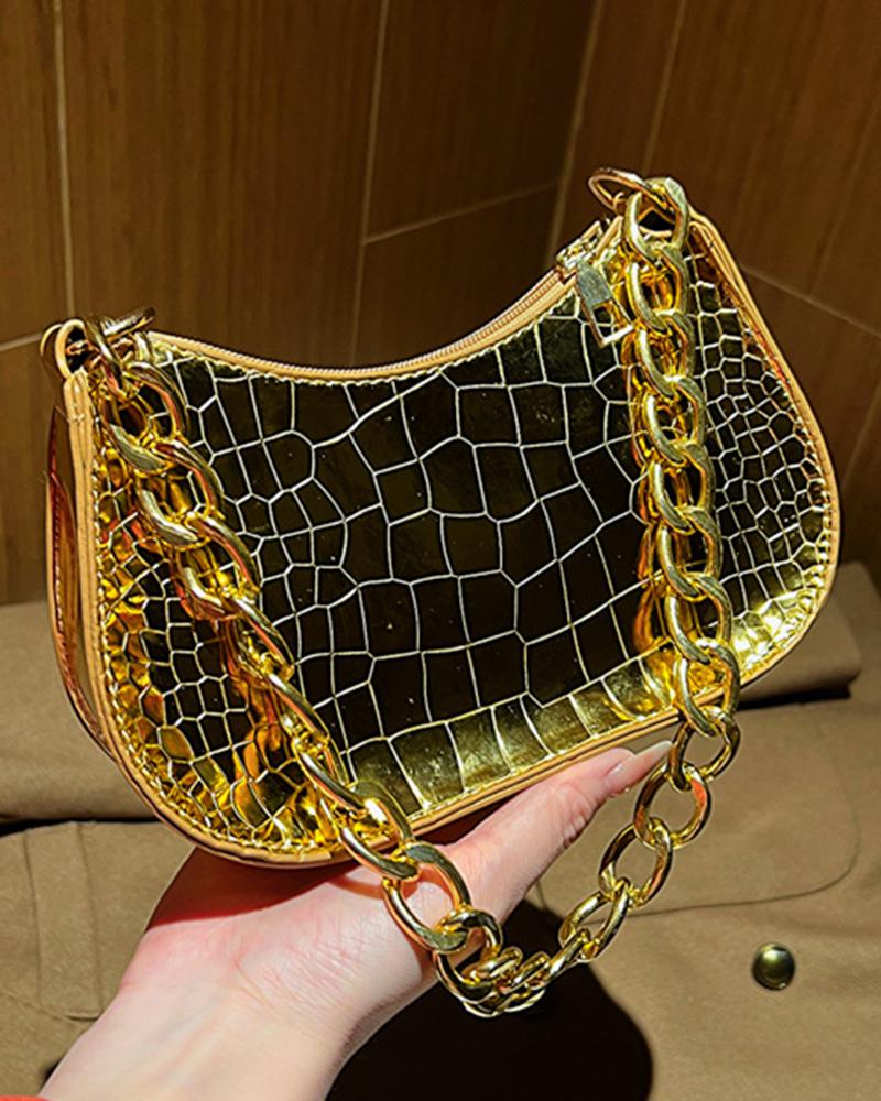

Crocodile Chain Strap Zipper Design Shoulder Bag, Gold