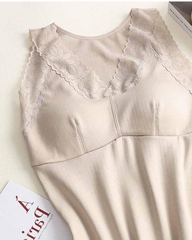 

Floral Lace Trim Crisscross Padded Vest Thermal Underwear Base Shirt, Nude