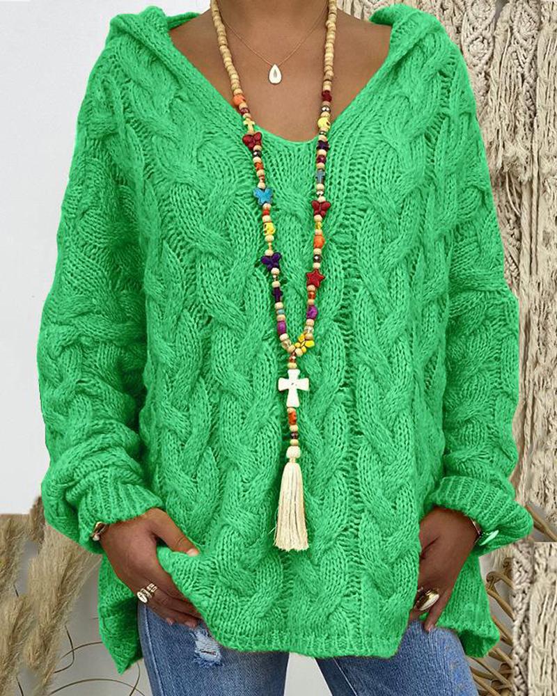 

Long Sleeve Hooded Cable Knit Sweater, Green