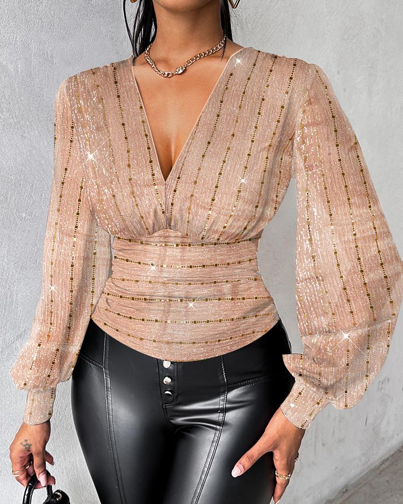 

Plunge Lantern Sleeve Sequin Mesh Top, Champagne