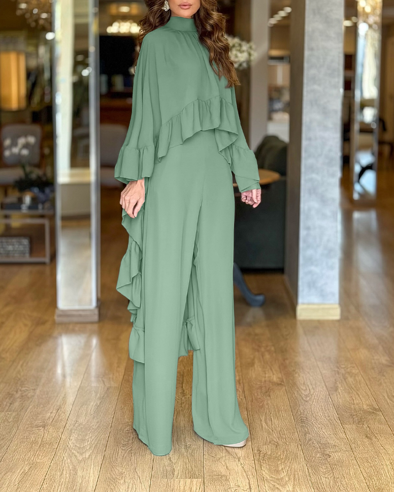 

2 Pieces Outfit High Neck Hollow-out Back Ruffles High-Low Hem Cape and Casual Elastic Back Waist Wide Leg Pants Set, Green