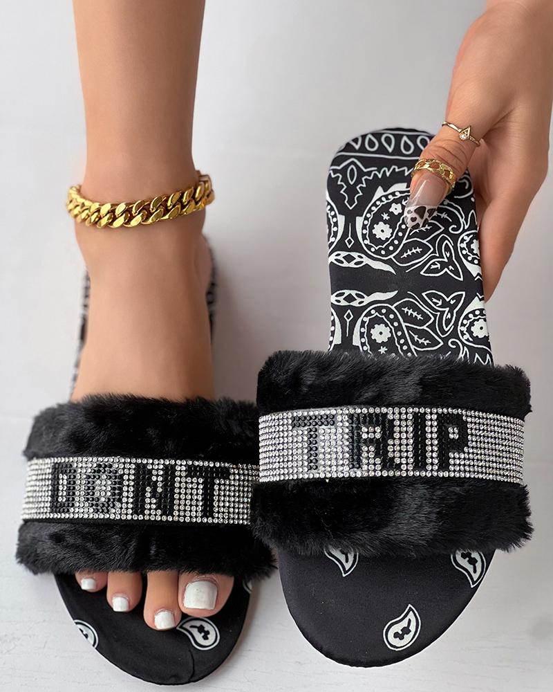 

Rhinestone Don't Trip Pattern Paisley Slippers Fuzzy Sandals, Black