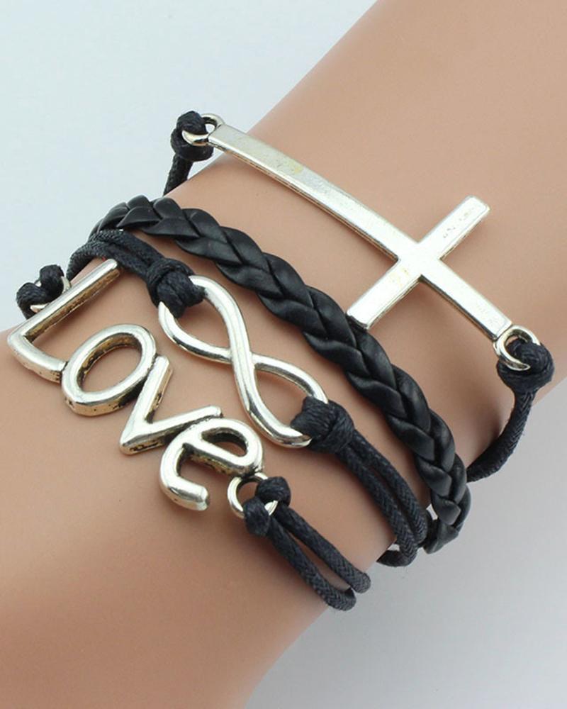 

1pcs Multilayer Cross Pattern Hollow Love Letter Design Bohemian Braided Bracelet, Black