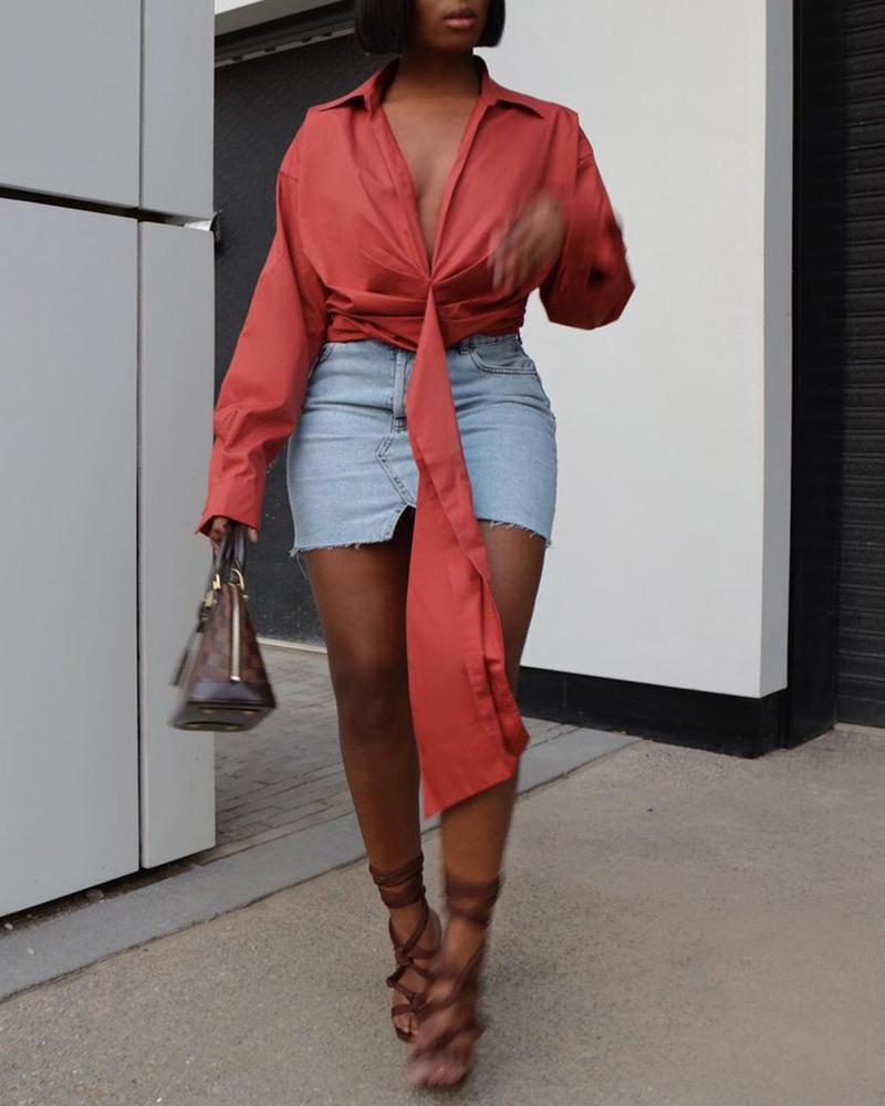 

Tie Front Ruched Long Sleeve Shirt, Red
