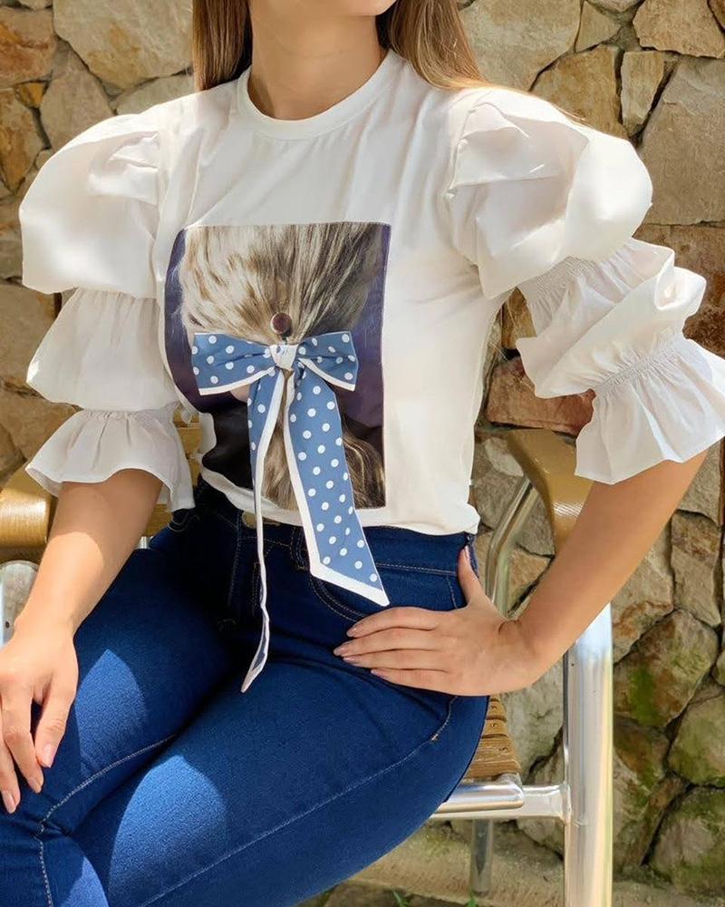 

Graphic Print Bowknot Decor Puff Sleeve Top, White