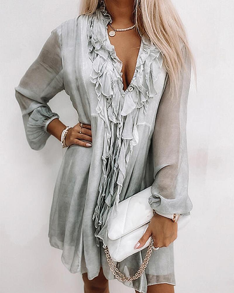 

Ombre Long Sleeve V-Neck Frill Hem Blouse, Gray