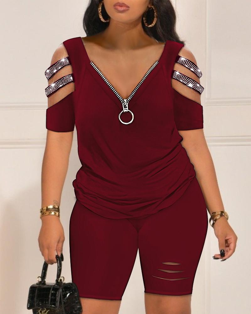 

Rhinestone Cold Shoulder Top & High Waist Shorts Set, Wine red