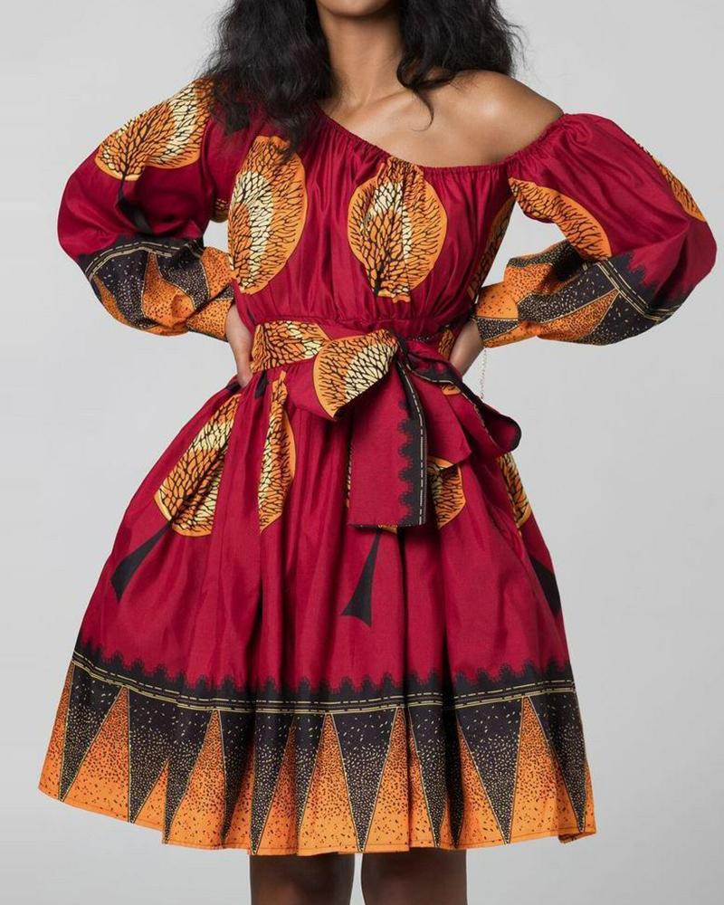 

Retro Patterns Printing Bubble Sleeve Skinny Waist Dress, Red