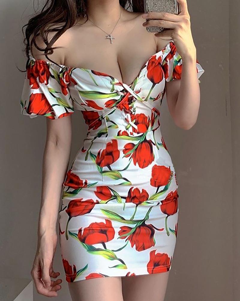 

Floral Print Lace-up Bodycon Dress, Red