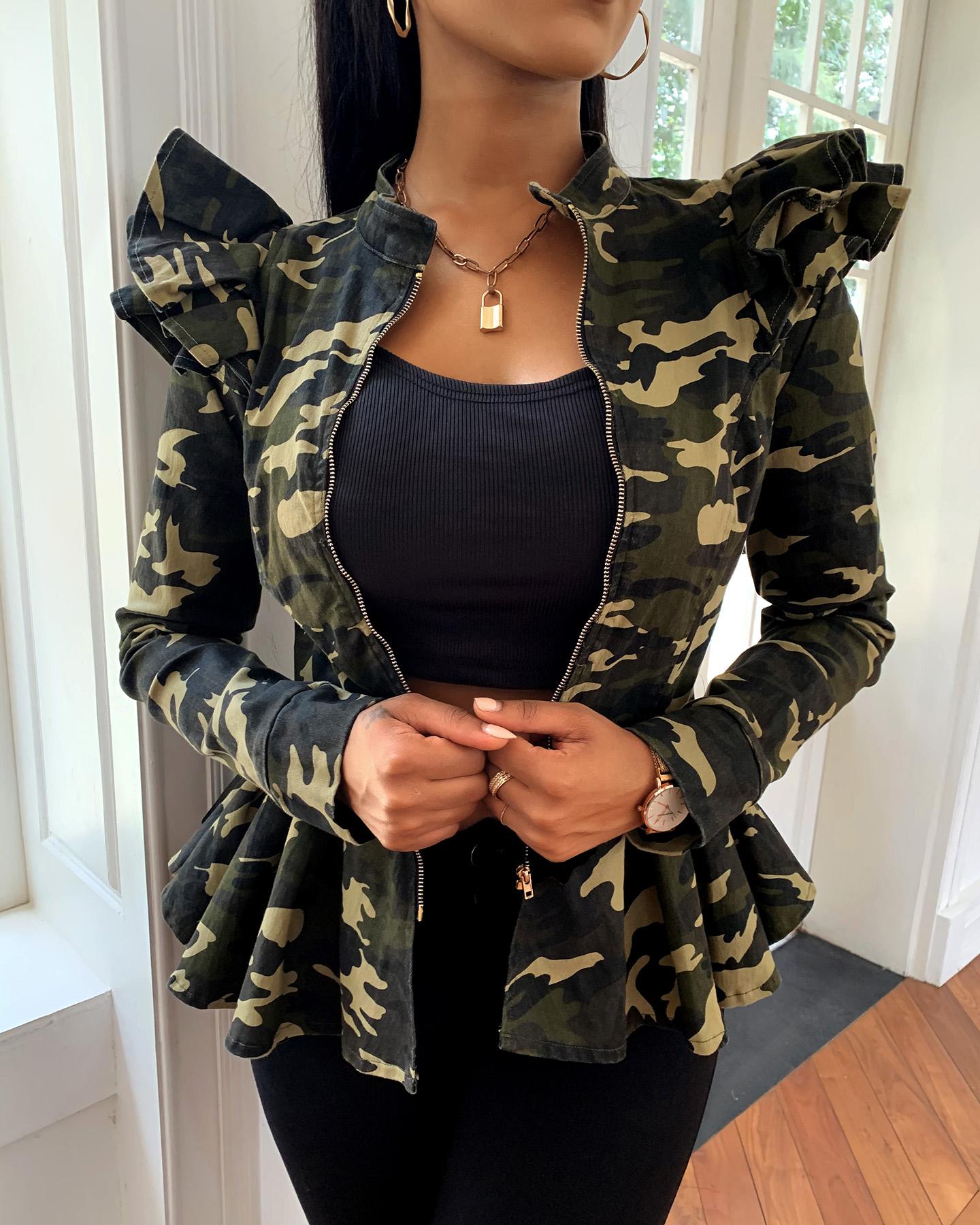 

Camouflage Print Ruffles Long Sleeve Jacket, Camoflage