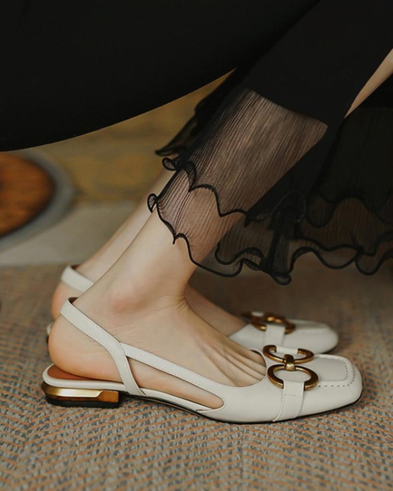 

Metal Buckle Sqaure Toe Slingback Flats, White