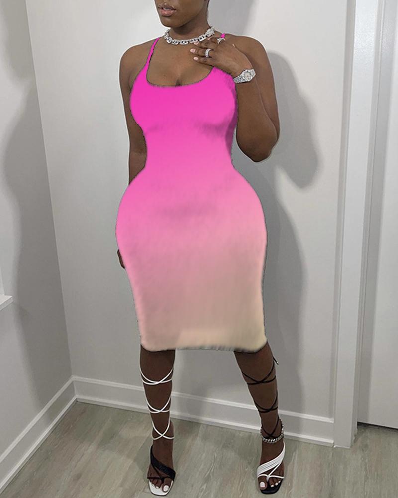 

Gradient Color Block Sling Skinny Midi Dress, Pink