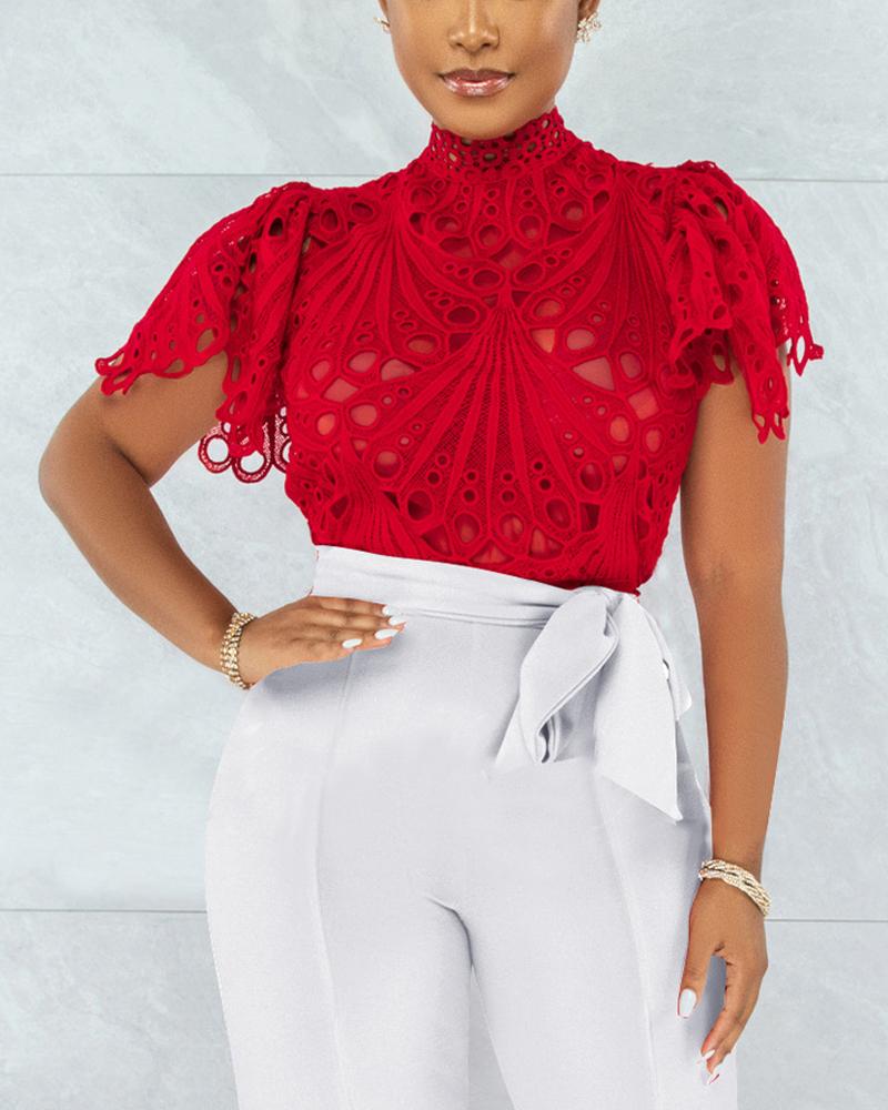 

Eyelet Embroidery Button Front Puff Sleeve Top, Red