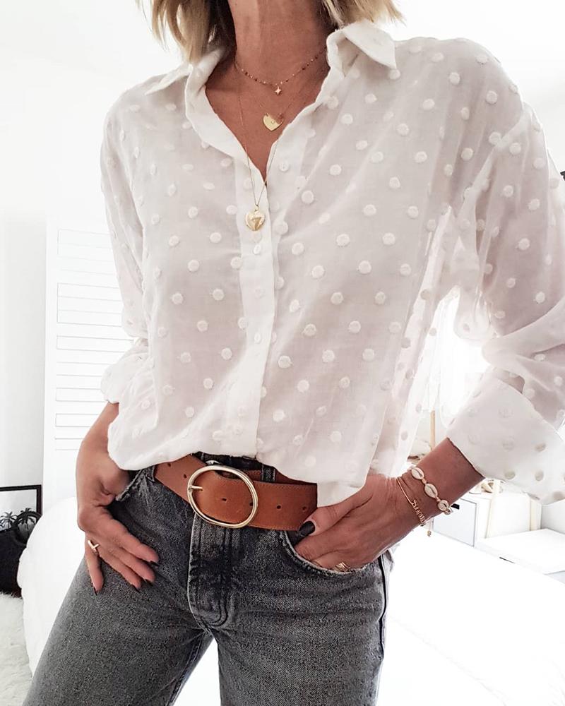 

Turn-down Collar Swiss Dot Loose Shirt, White