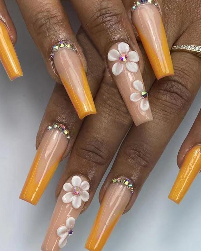 

24pcs Floral Pattern Colorblock Press On Fake Coffin Nails Set, Yellow