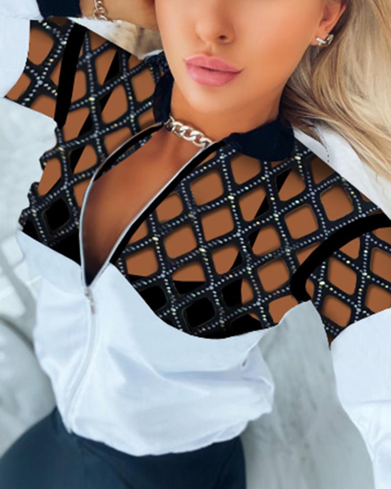 

Rhinestone Decor Fishnet Zipper Front Long Sleeve Coat, Black&white