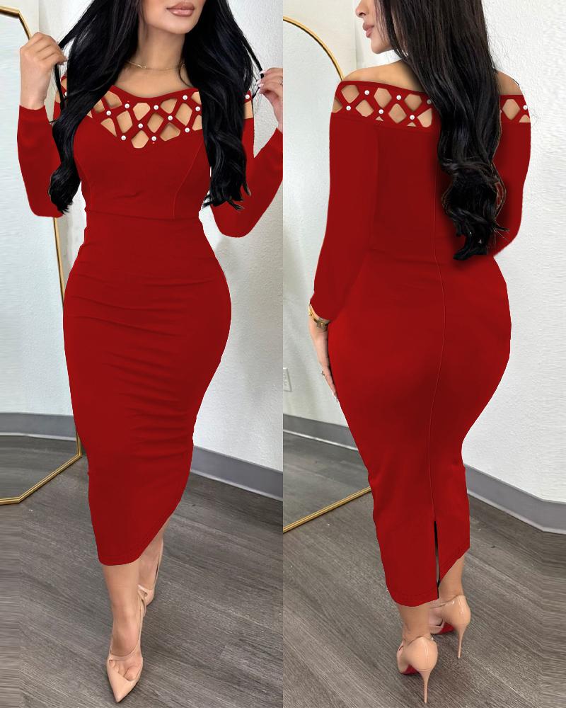

Off Shoulder Hollow-out Beaded Party Dress, Red