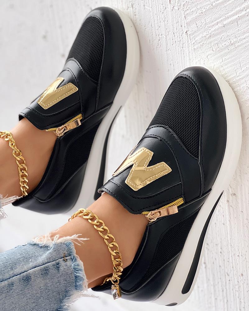 

Letter Pattern Side Zipper Sneakers, Black