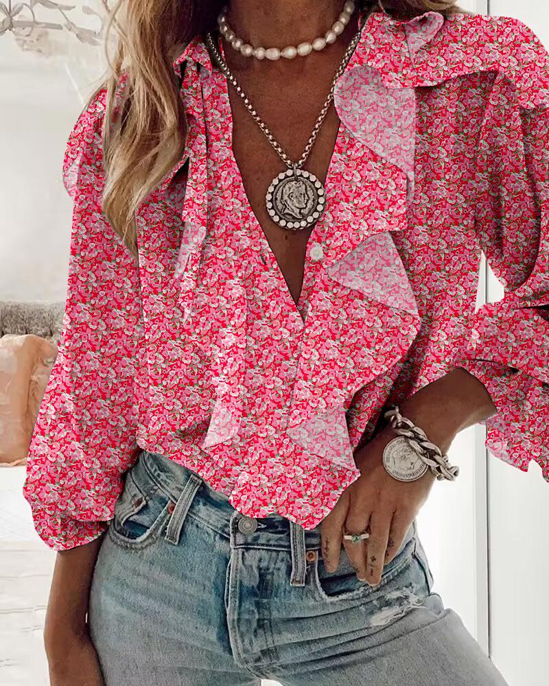 

Pink Ditsy Floral Print Ruffle Hem Top