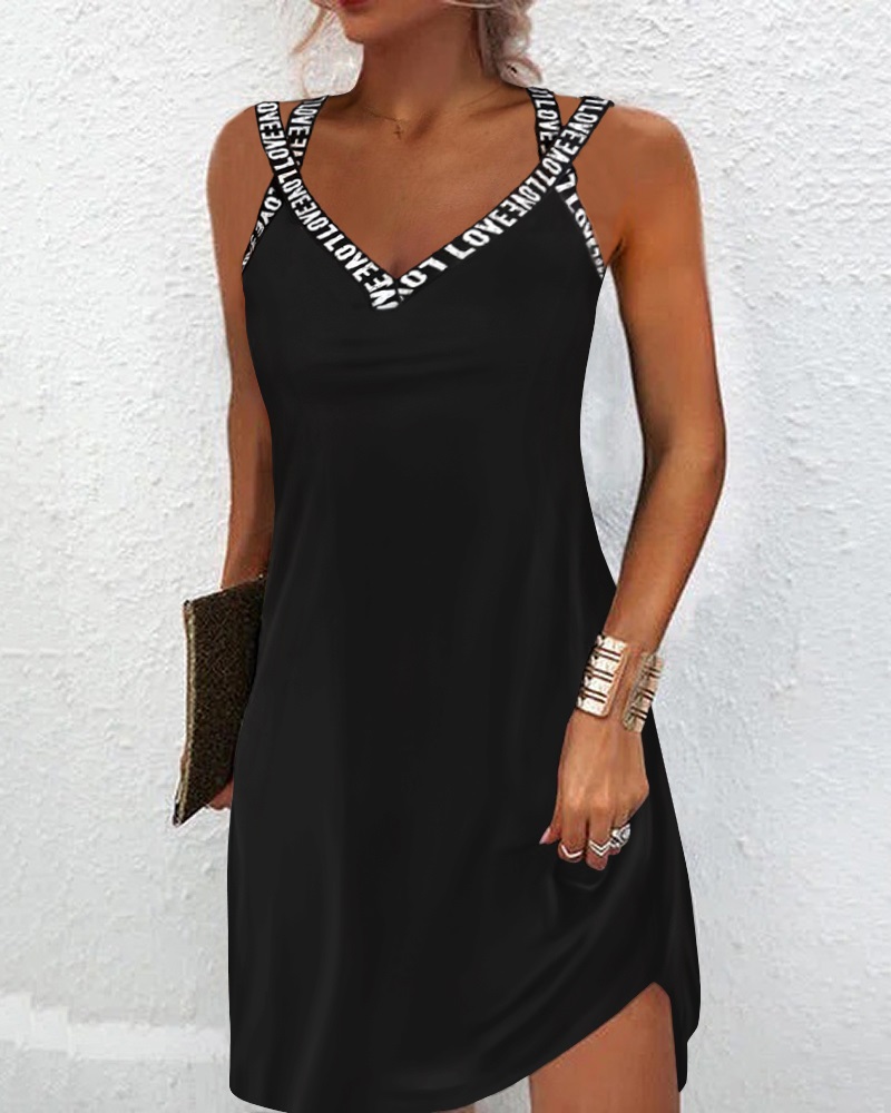 

Letter Print Sleeveless Casual Dress, Black