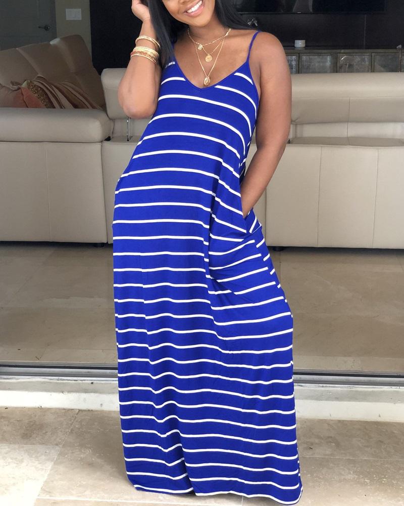 

Striped Deep V-Neck Pocket Design Maxi Dress, Blue