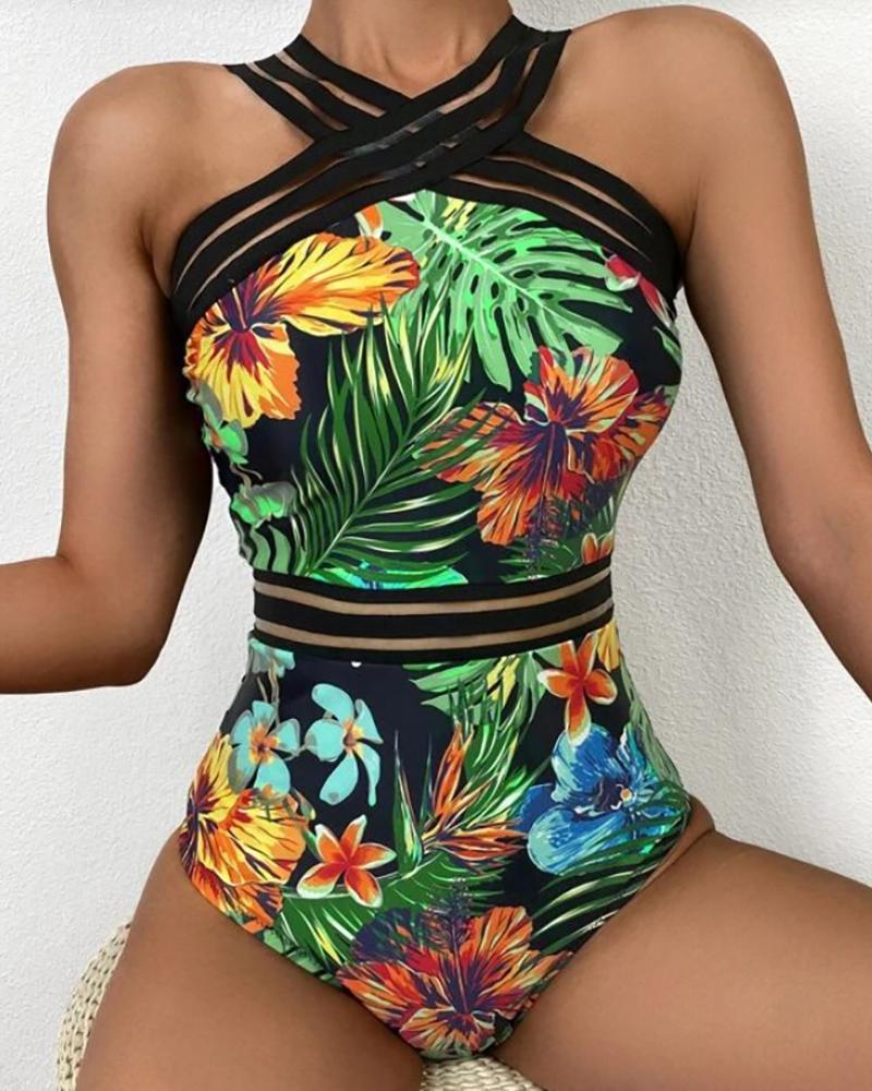 

Tropical Print Halter Cutout One Piece Swimsuit, Green