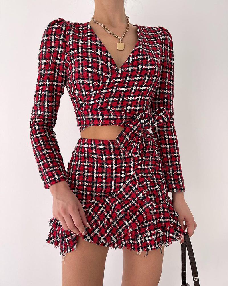 

Plaid Print Tied Detail Top & Ruffle Hem Skirt Set, Red