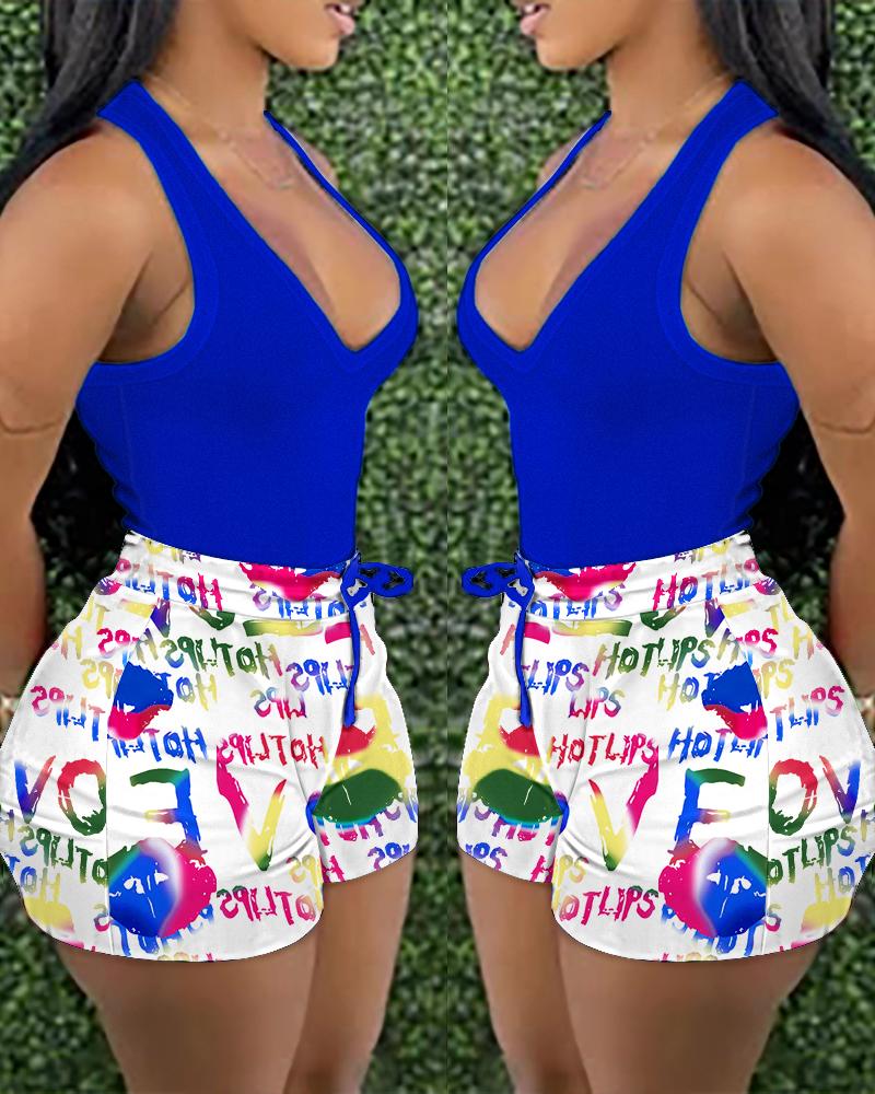 

Tank Top & Letter Print Drawstring Shorts Set, Blue
