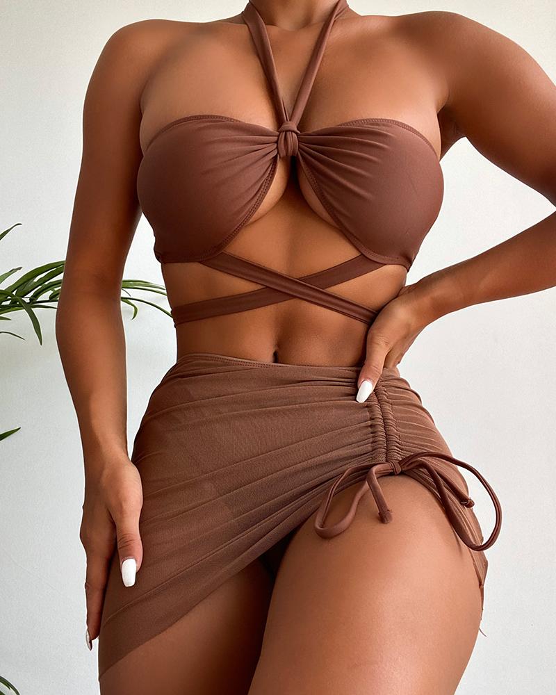 

3PCS Ruched Halter Bikini Set With Cover Up, Brown