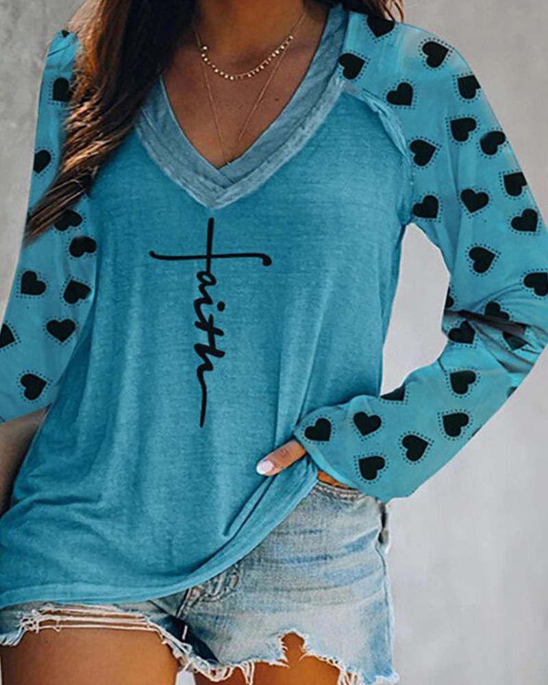 

Heart Letter Pattern Print Long Sleeve Top, Blue