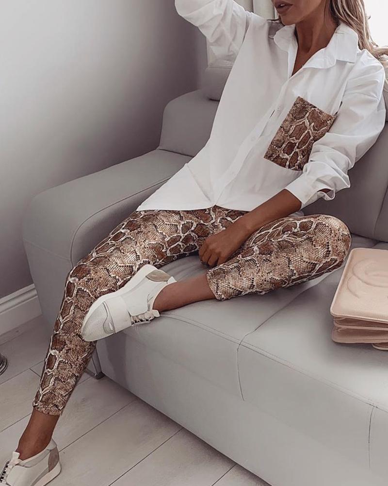 Snakeskin Print Patch Pocket Button Down Shirt & Pants Set