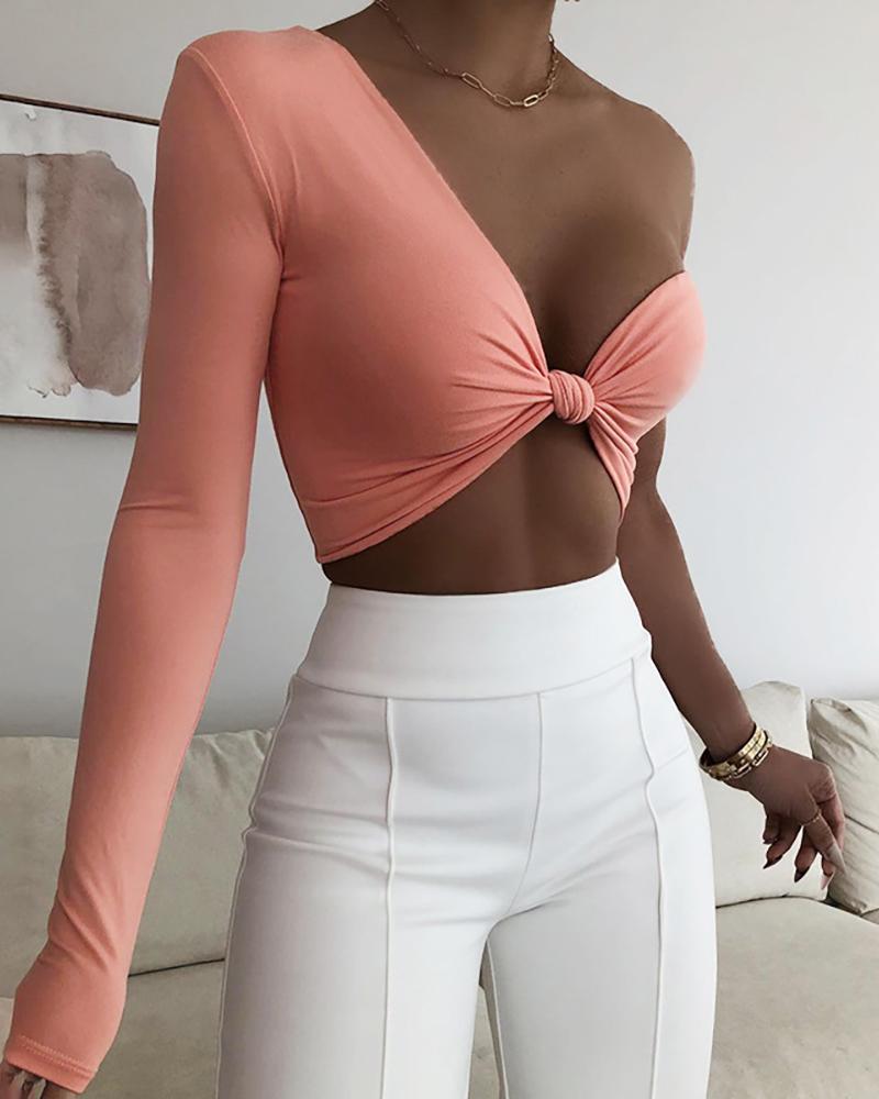 

One Shoulder Long Sleeve Knotted Top, Pink