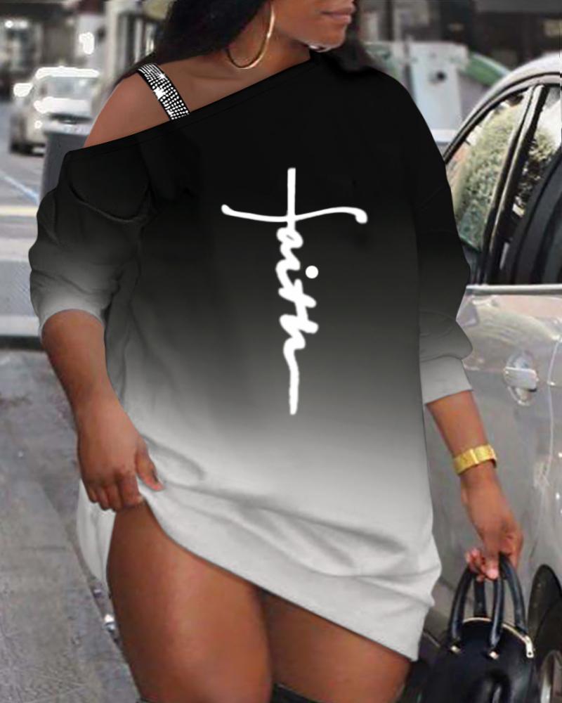 

Plus Size Ombre Faith Print Cold Shoulder Casual Dress, Black