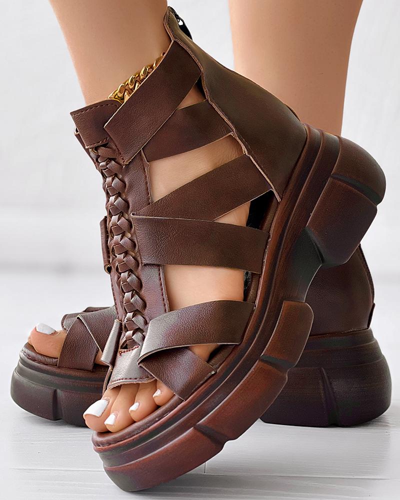 

Braided Hollow Out Platform Wedge Sandals, Brown