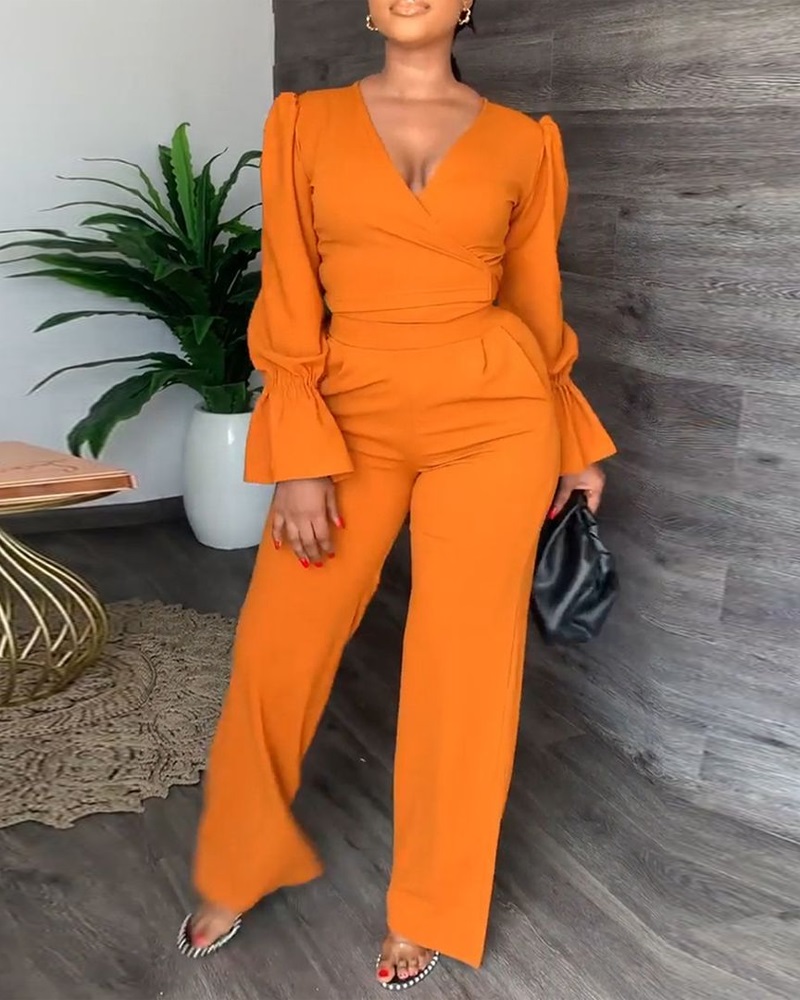 

Bell Sleeve Tied Detail Wrap Top & Pants Set, Orange