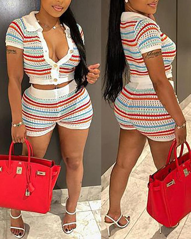 

Rainbow Stripe Pattern Crochet Top & Shorts Set, Multicolor