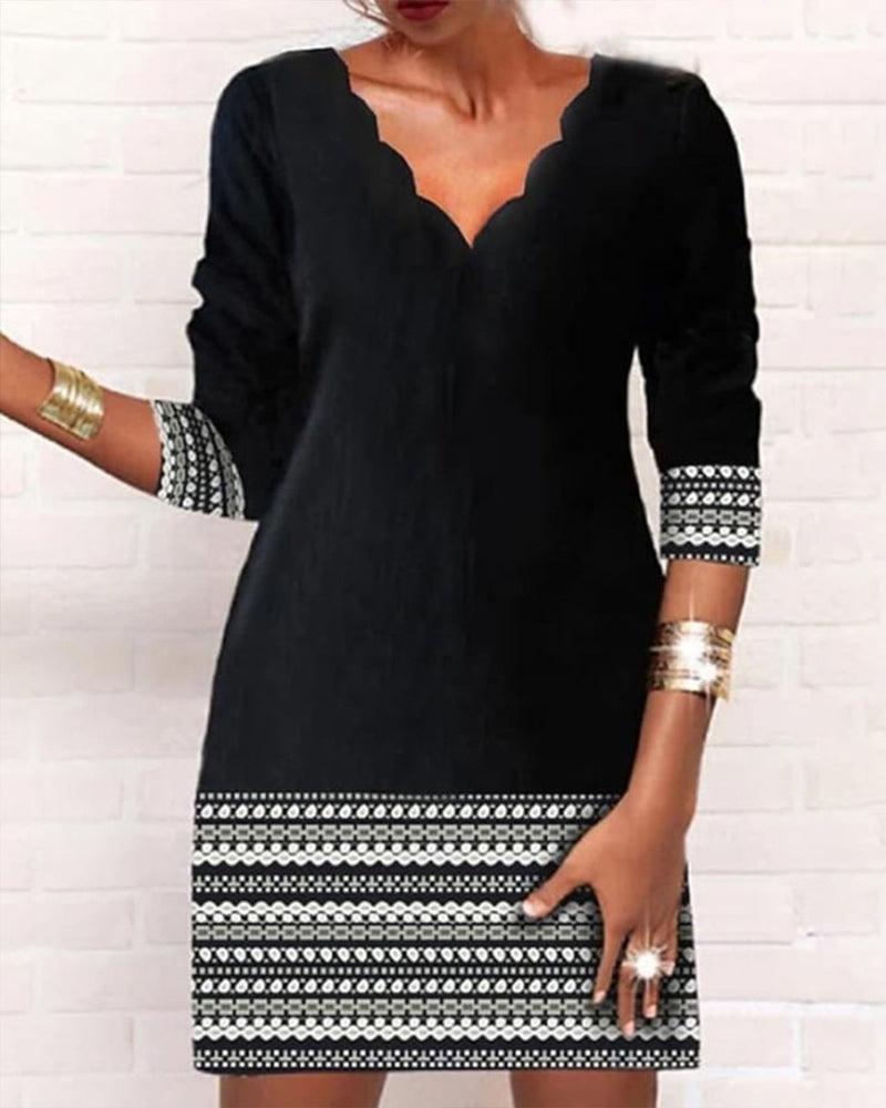 

Geometric Print Long Sleeve Casual Dress, Black