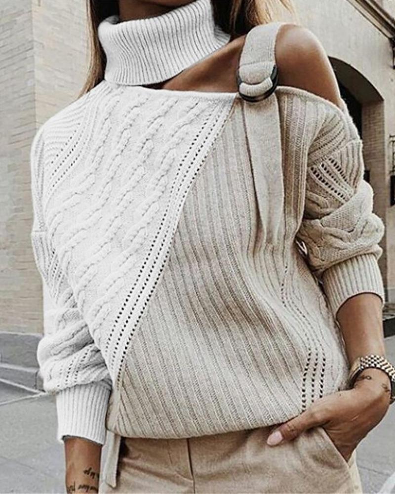 

One Shoulder Colorblock Cut Out Knit Sweater, Khaki