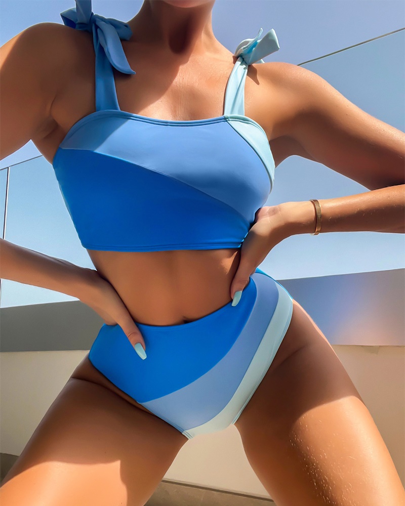 

Colorblock Tied Detail High Waist Bikini Set, Blue
