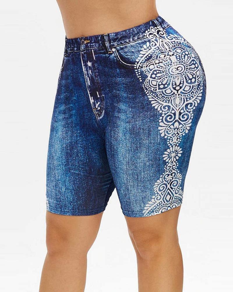 

Women's Faux Denim Baroque Printed High Waist Scrunch Butt Shorts, Blue