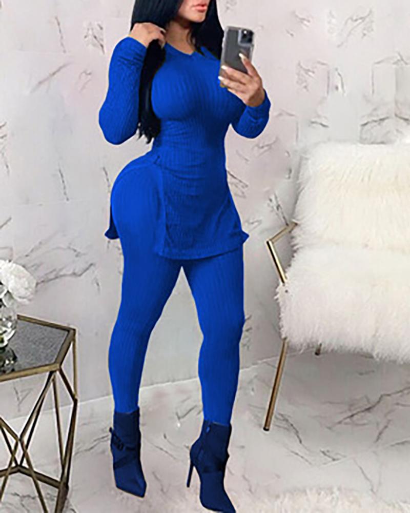 

Ribbed Slit Long Sleeve Top & High Waist Pants Set, Blue