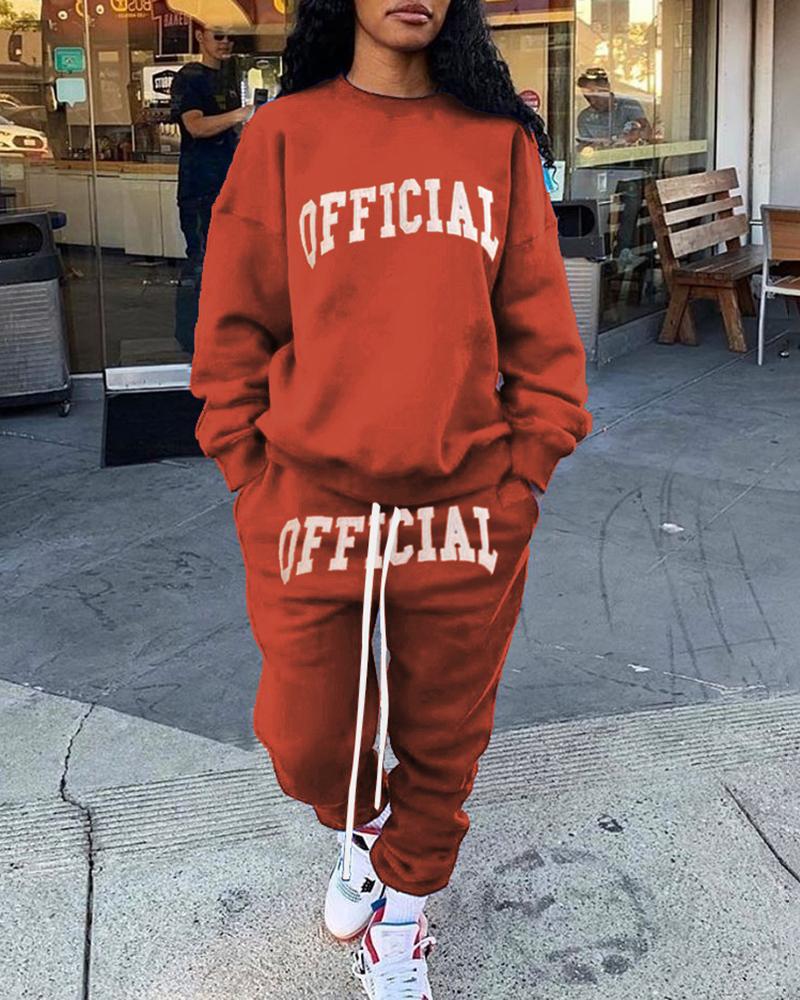 

Letter Print Sweatshirt & Drawstring Pocket Design Pants Set, Brown